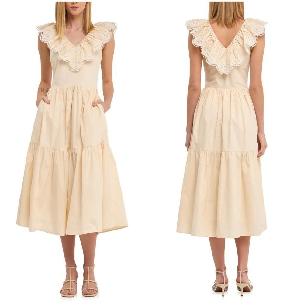 NWT English Factory Beige Ruffle Yoke Tiered Hem Midi Dress $120